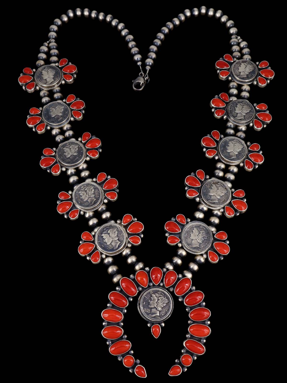 Native American Jewelry Sterling Silver Coral Coin Necklace