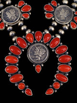 Native American Jewelry Sterling Silver Coral Coin Necklace