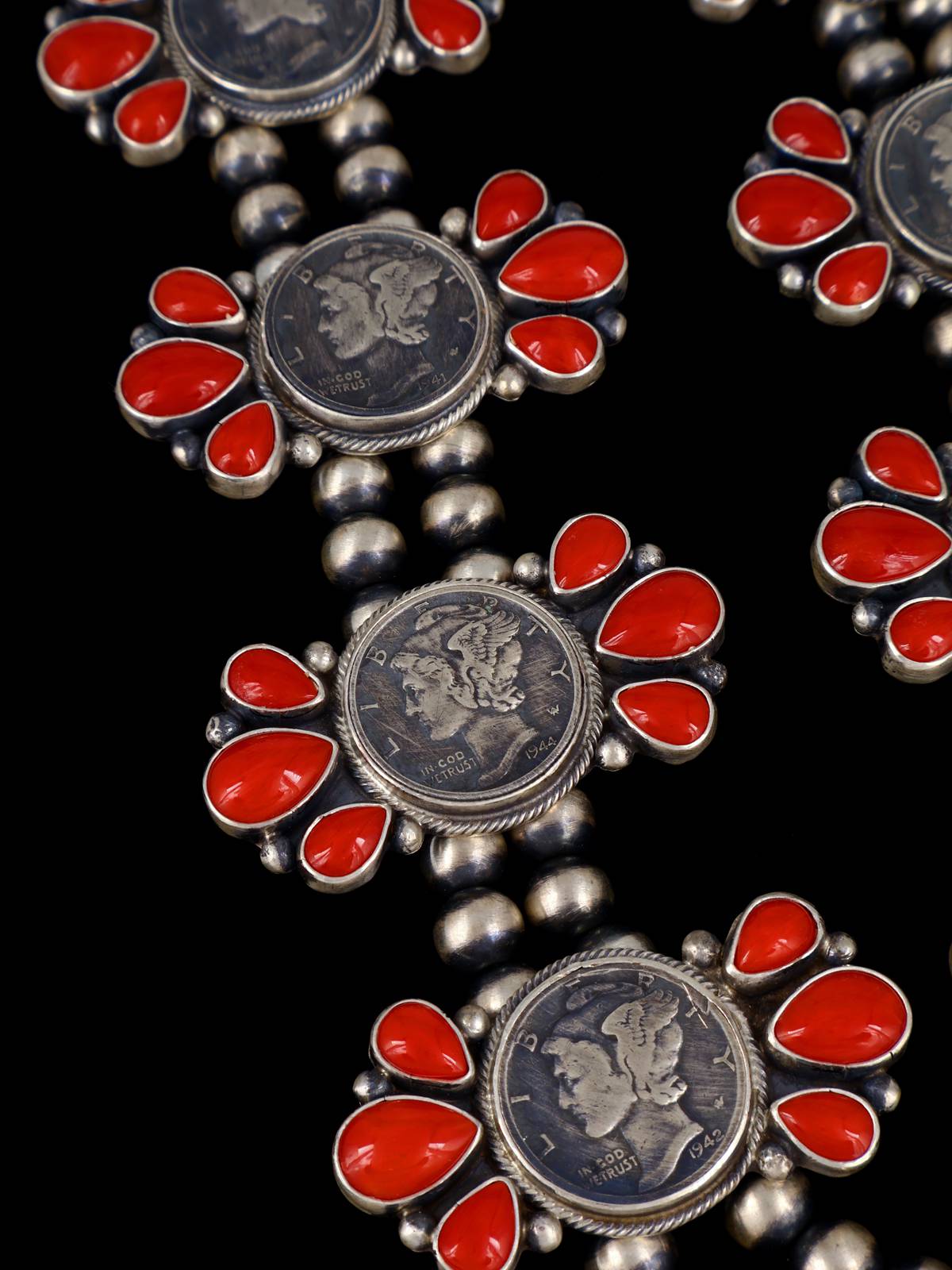 Native American Jewelry Sterling Silver Coral Coin Necklace