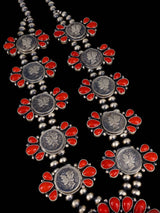 Native American Jewelry Sterling Silver Coral Coin Necklace