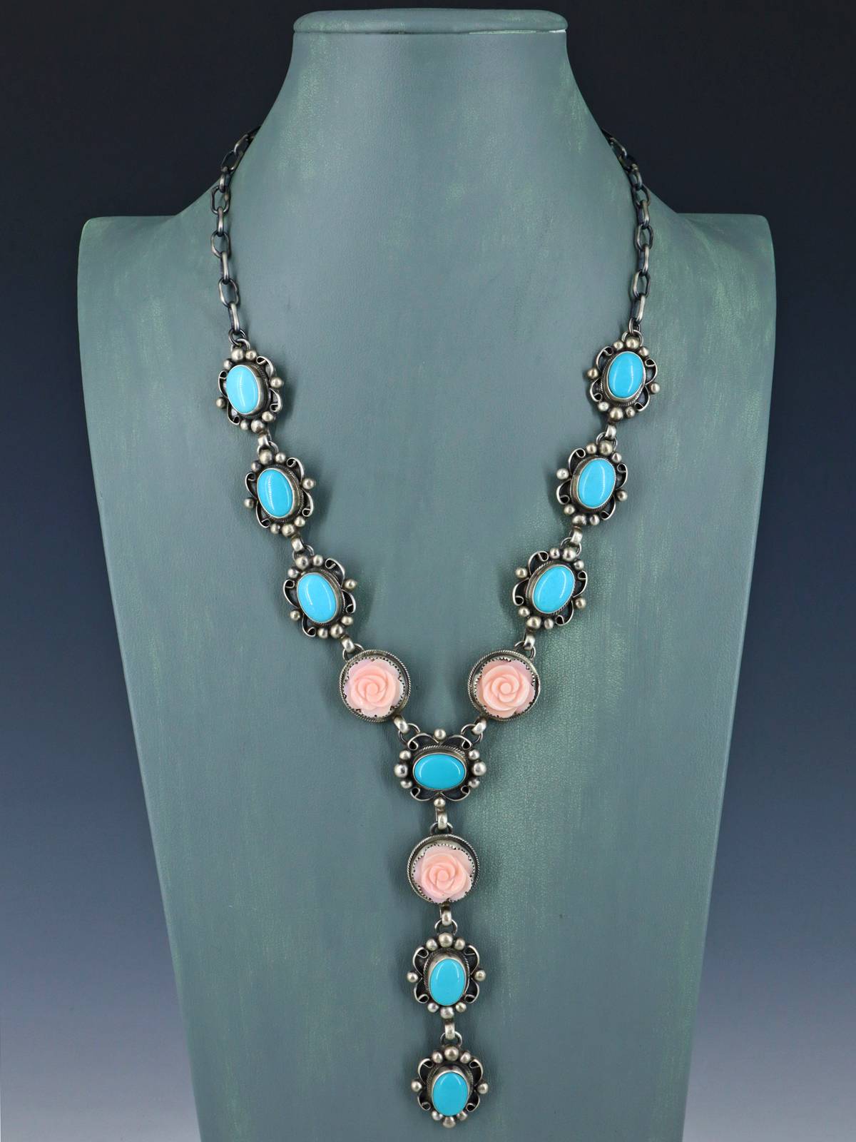 Navajo Jewelry Prince Turquoise and Carved Pink Flower Lariat Necklace