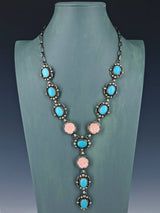 Navajo Jewelry Prince Turquoise and Carved Pink Flower Lariat Necklace