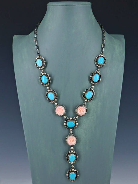Navajo Jewelry Prince Turquoise and Carved Pink Flower Lariat Necklace