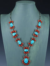 Navajo Sterling Silver Prince Turquoise and Coral Lariat Necklace