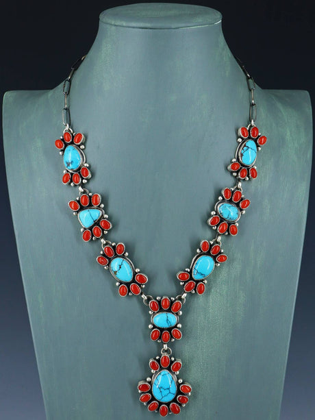 Navajo Sterling Silver Prince Turquoise and Coral Lariat Necklace