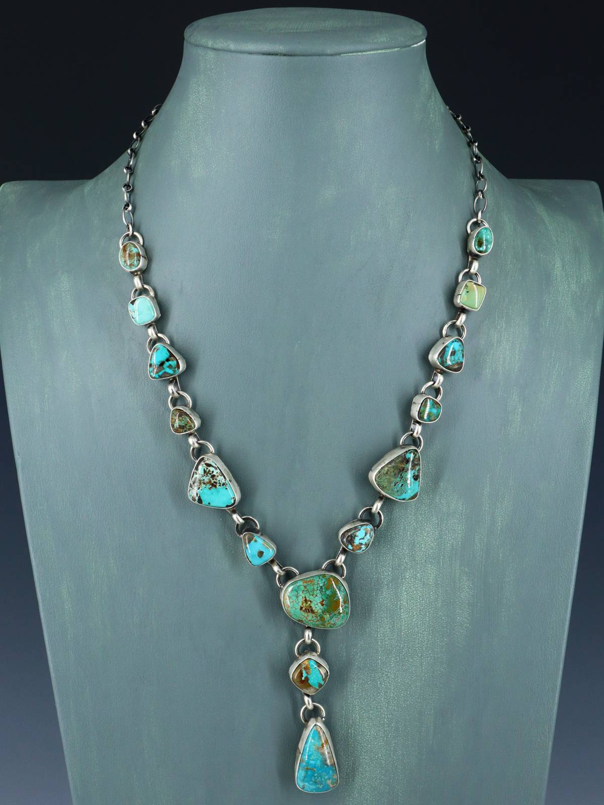 Native American Sterling Silver Carico Turquoise Lariat Necklace