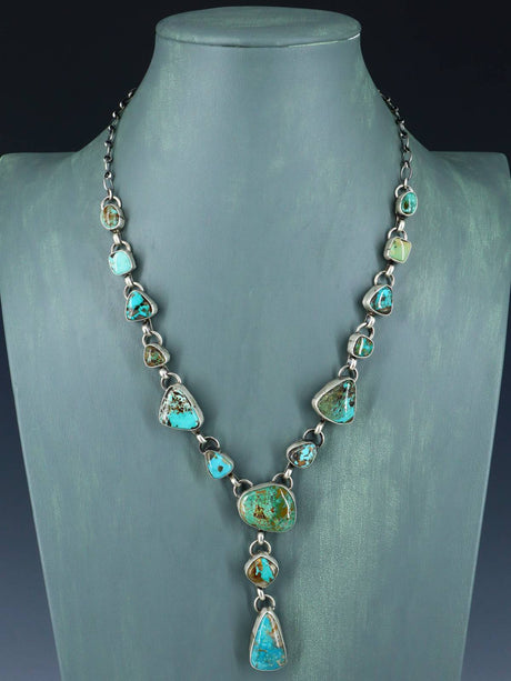 Native American Sterling Silver Carico Turquoise Lariat Necklace