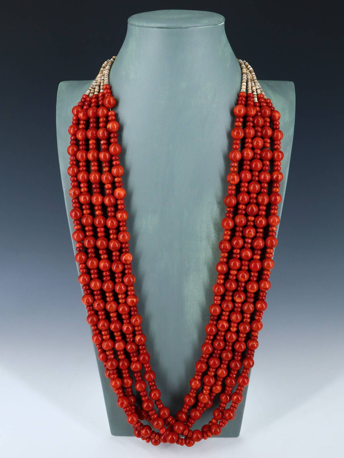 Native American Five Strand Apple Coral and Heishi Necklace