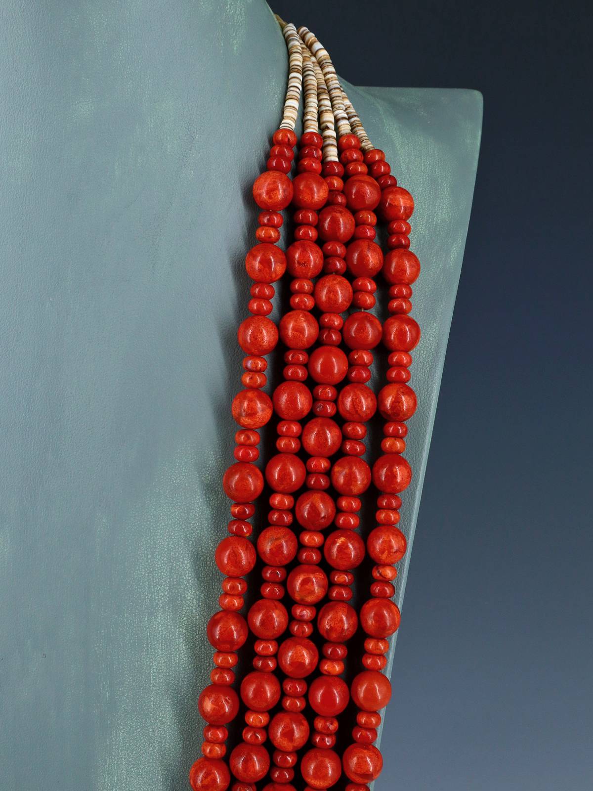 Native American Five Strand Apple Coral and Heishi Necklace