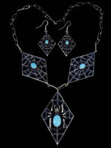 Ensemble collier et boucles d'oreilles Naja en argent sterling turquoise Kingman amérindien