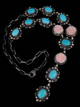 Navajo Jewelry Prince Turquoise and Carved Pink Flower Lariat Necklace