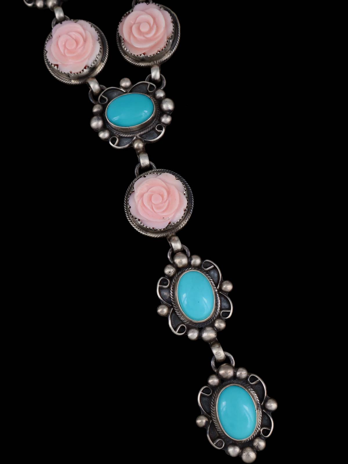 Navajo Jewelry Prince Turquoise and Carved Pink Flower Lariat Necklace