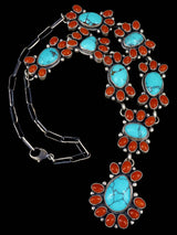 Navajo Sterling Silver Prince Turquoise and Coral Lariat Necklace