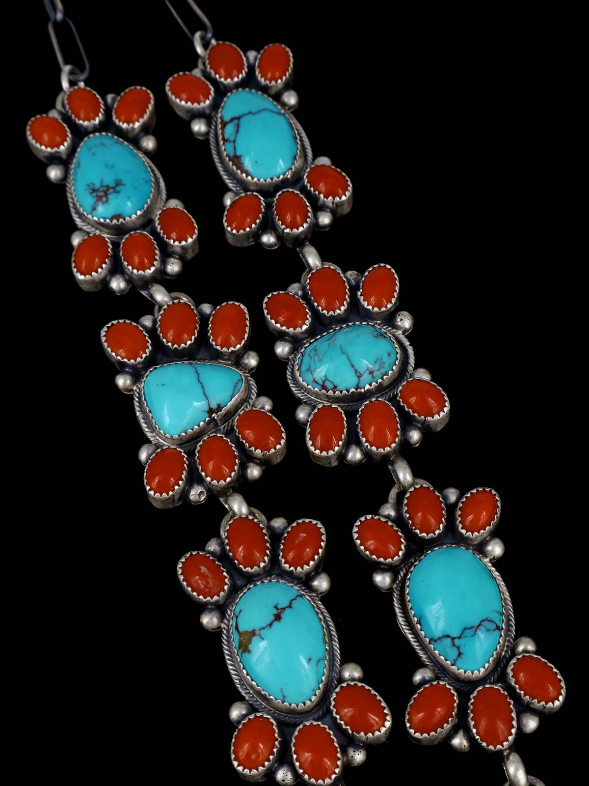 Navajo Sterling Silver Prince Turquoise and Coral Lariat Necklace