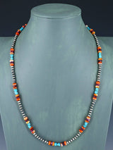 24" Native American Turquoise, Spiny Oyster and Silver Bead Necklace