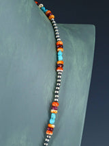 24" Native American Turquoise, Spiny Oyster and Silver Bead Necklace