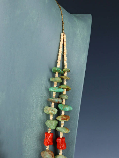 Estate Native American Two Strand Turquoise and Apple Coral Necklace