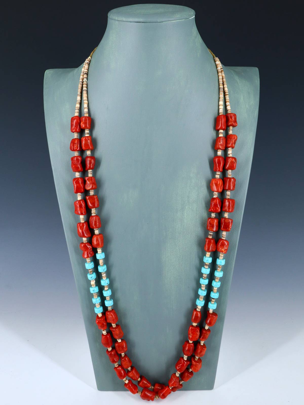 Estate Native American Two Strand Turquoise and Apple Coral Necklace