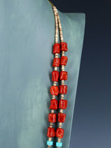 Estate Native American Two Strand Turquoise and Apple Coral Necklace