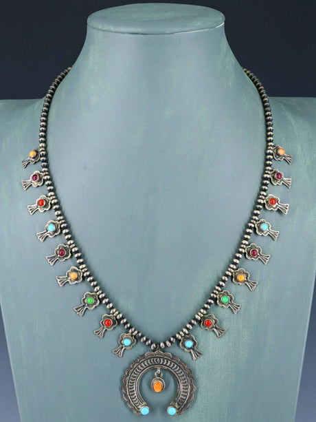 Estate Navajo Petite Sterling Silver Squash Blossom Necklace