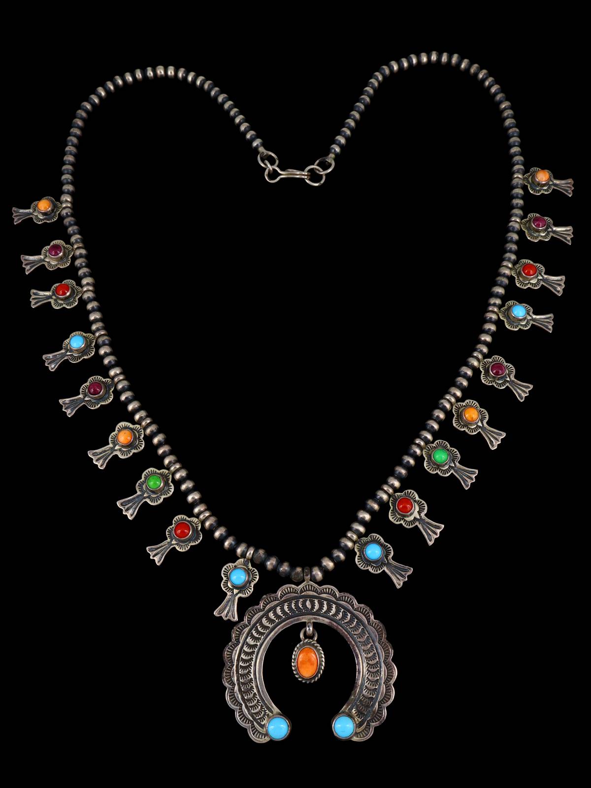 Estate Navajo Petite Sterling Silver Squash Blossom Necklace