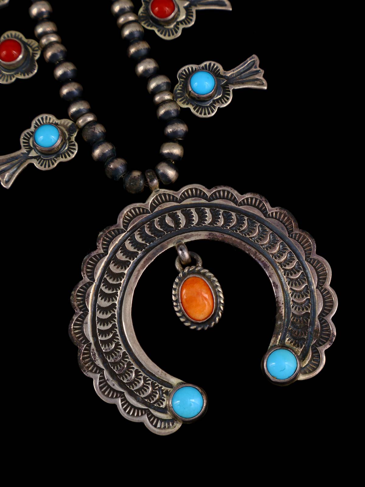 Estate Navajo Petite Sterling Silver Squash Blossom Necklace