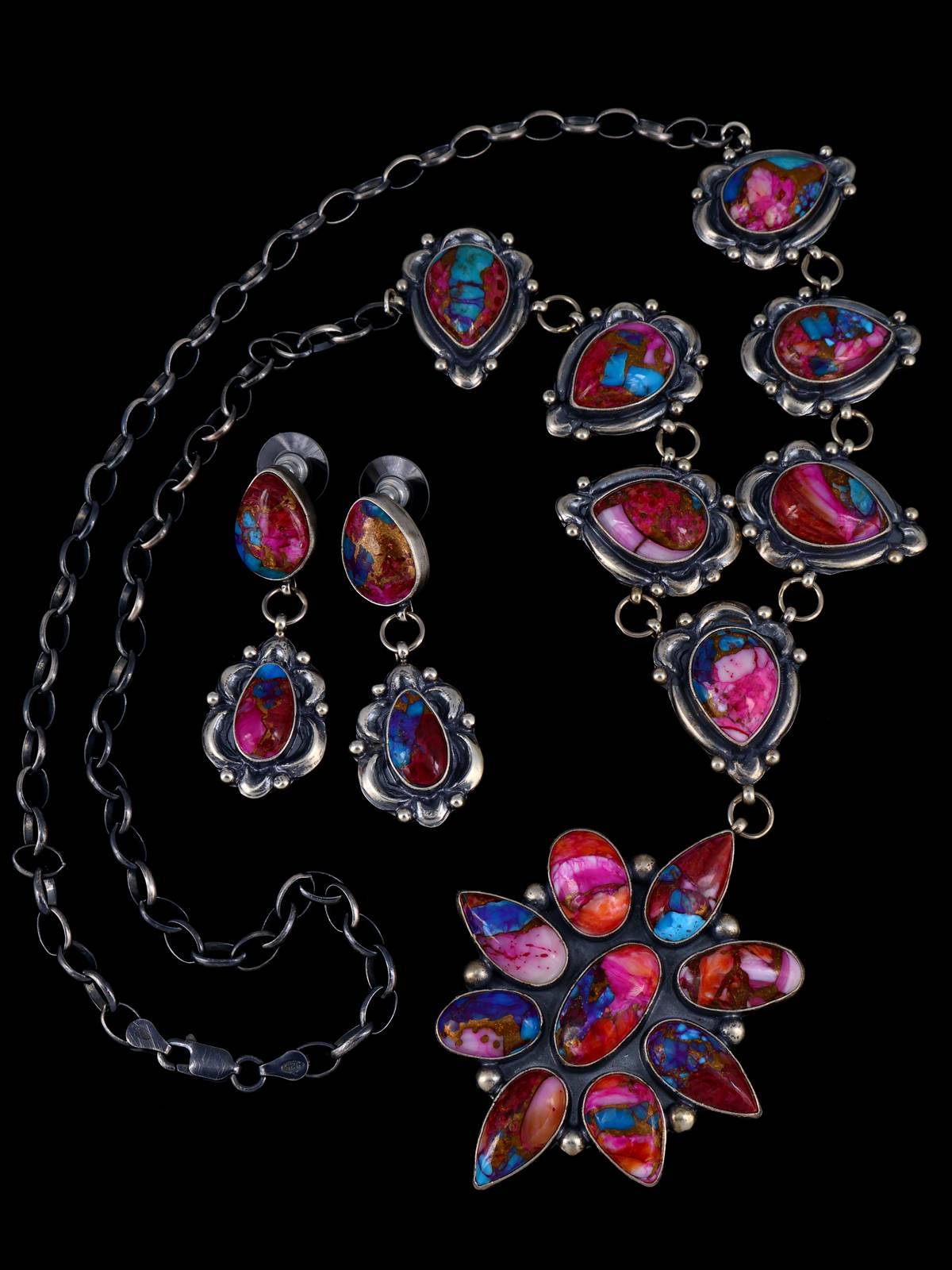 Native American Turquoise and Spiny Oyster Sterling Silver Lariat Necklace and Earring Set