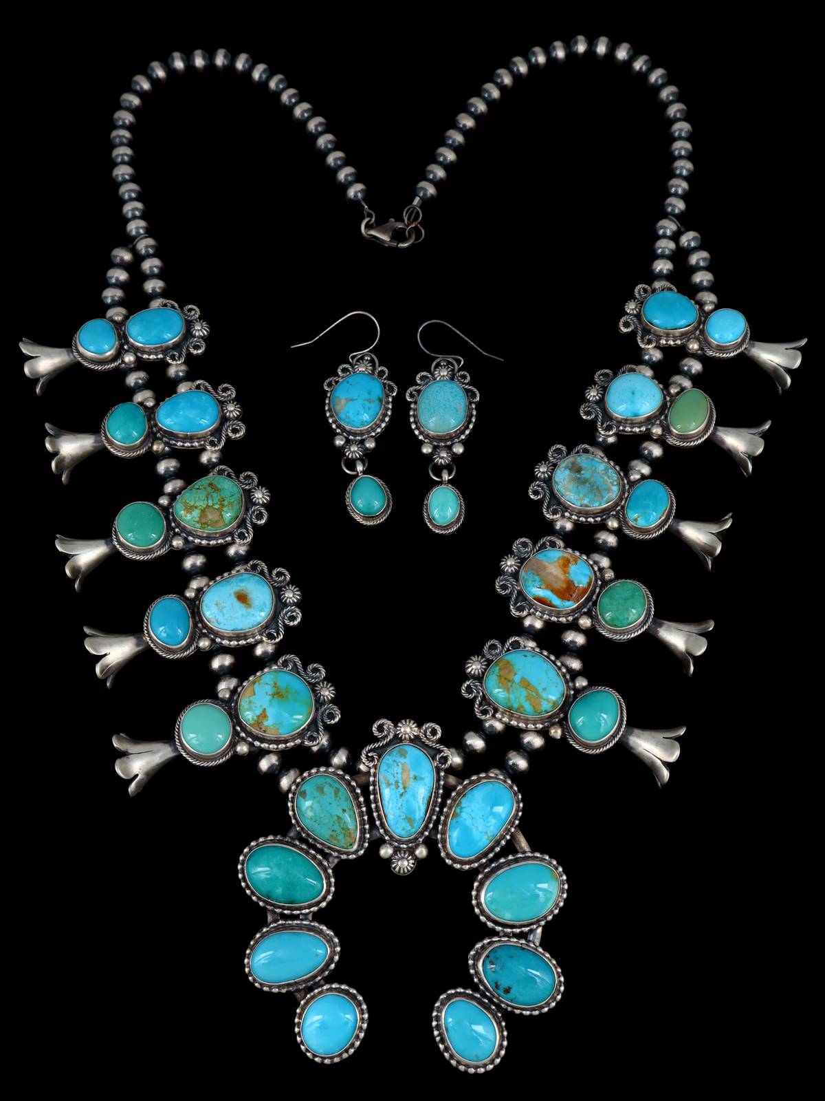 Navajo Blue and Green Turquoise Sterling Silver Squash Blossom Necklace Set