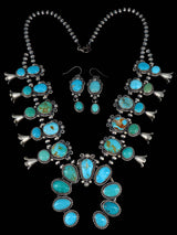 Navajo Blue and Green Turquoise Sterling Silver Squash Blossom Necklace Set