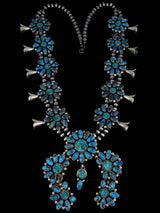 Navajo Jewelry Prince Turquoise and Carved Flower Squash Blossom Necklace