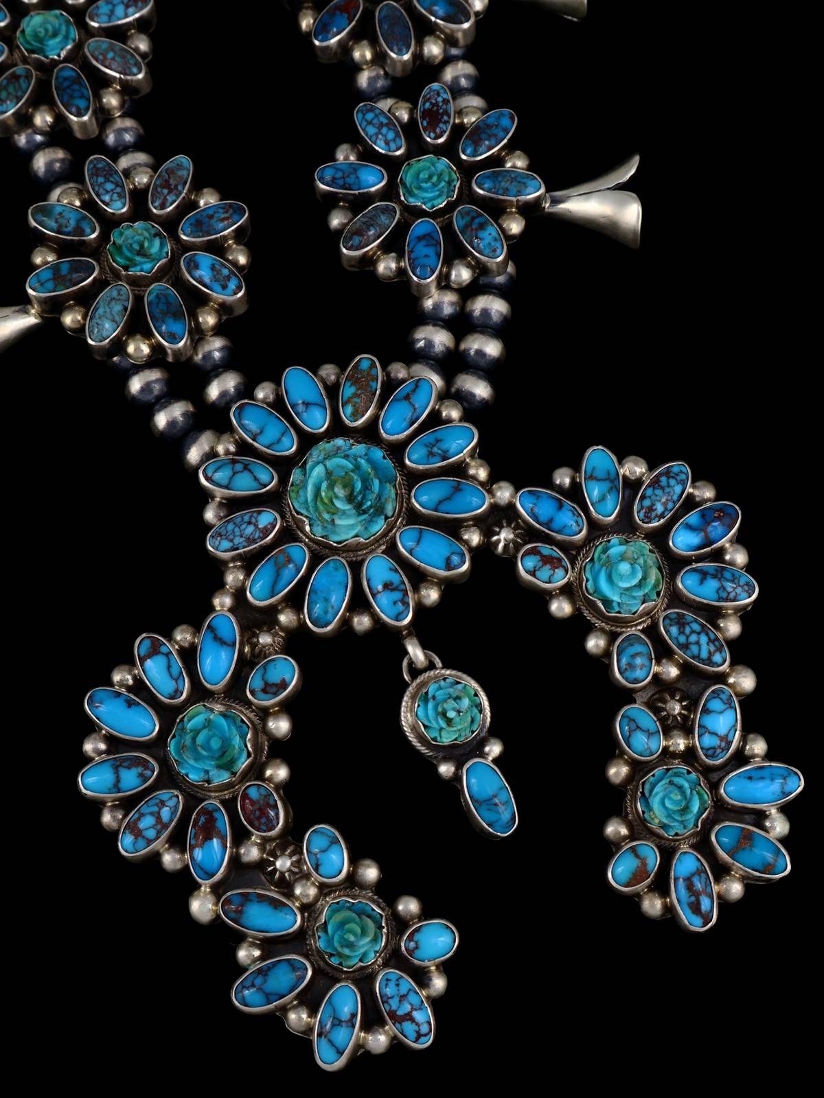Navajo Jewelry Prince Turquoise and Carved Flower Squash Blossom Necklace