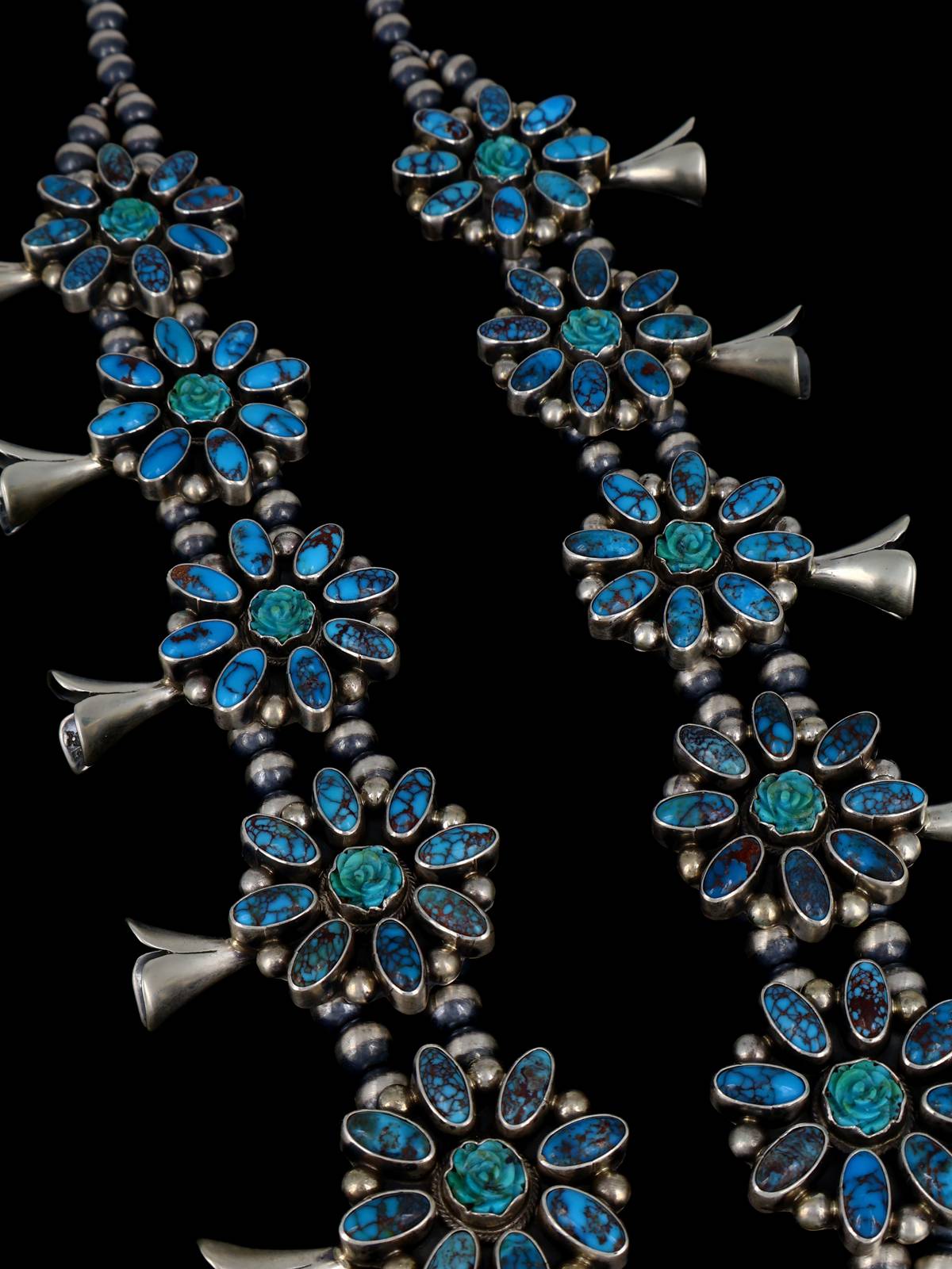 Navajo Jewelry Prince Turquoise and Carved Flower Squash Blossom Necklace