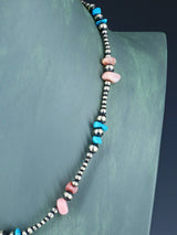 20" Navajo Jewelry Single Strand Turquoise and Pink Conch Beaded Necklace - PuebloDirect.com