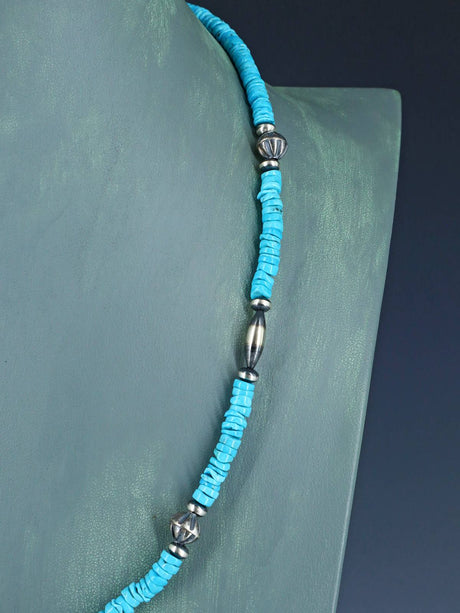 22" Native American Turquoise and Silver Beaded Necklace - PuebloDirect.com