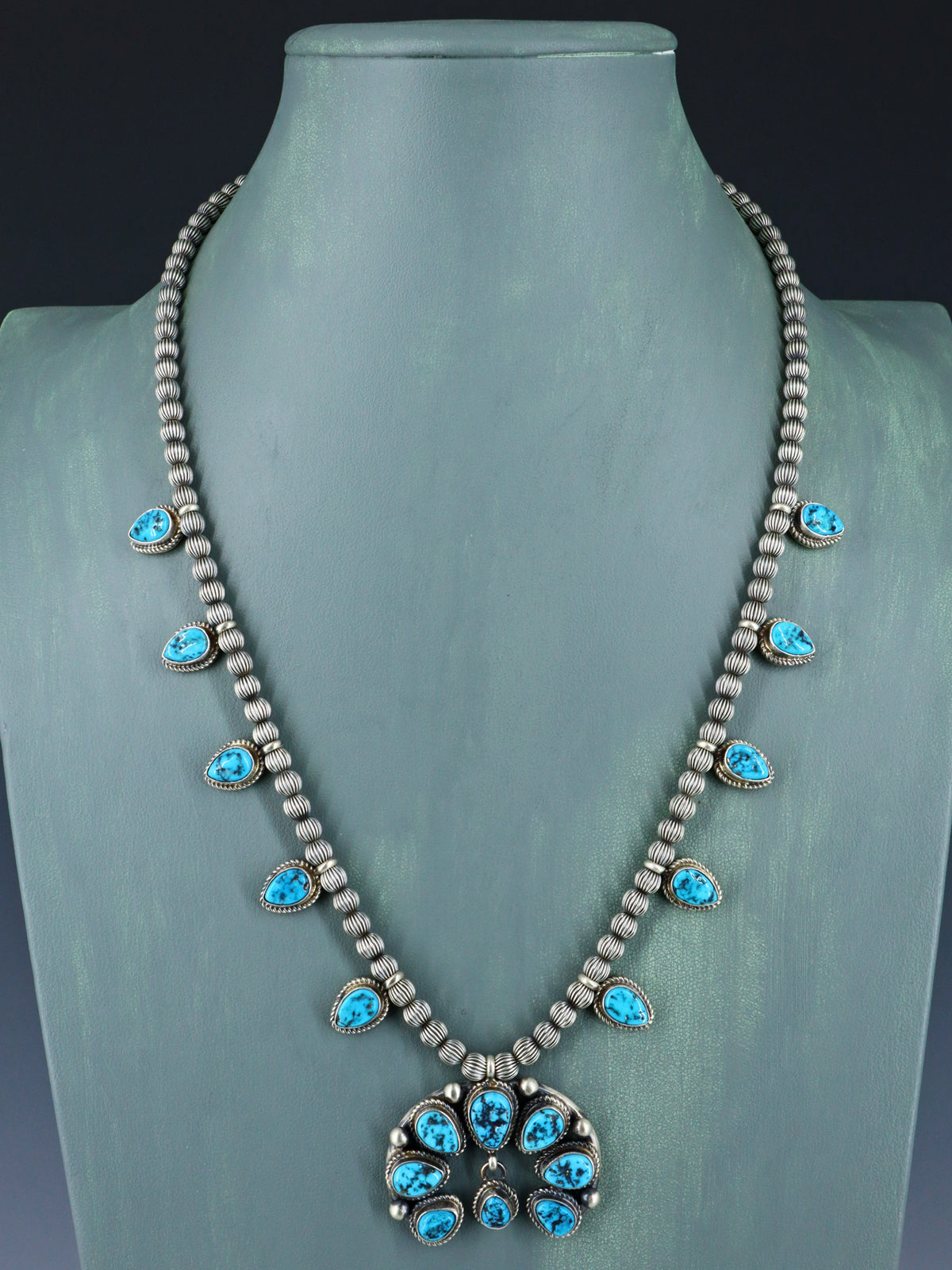 Navajo Kingman Turquoise Sterling Silver Petite Squash Blossom Necklace Set - PuebloDirect.com