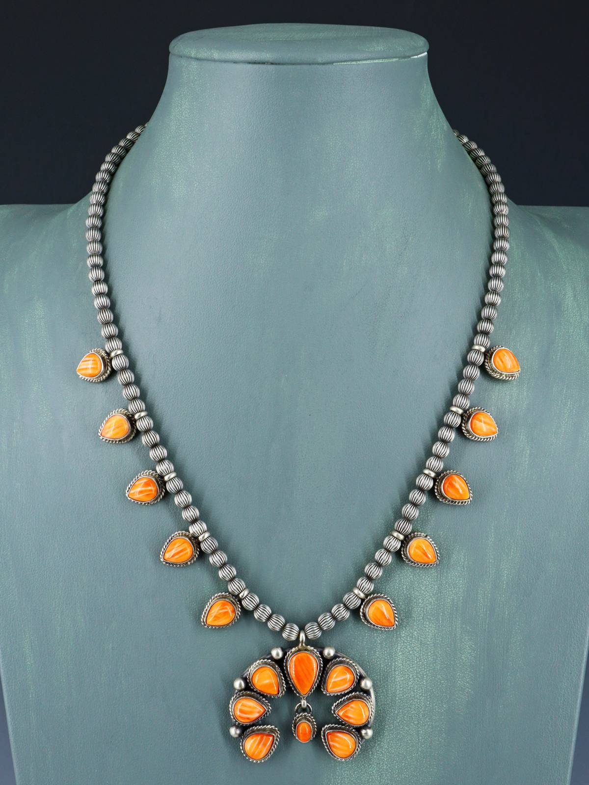 Navajo Spiny Oyster Sterling Silver Petite Squash Blossom Necklace Set - PuebloDirect.com