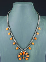 Navajo Spiny Oyster Sterling Silver Petite Squash Blossom Necklace Set - PuebloDirect.com