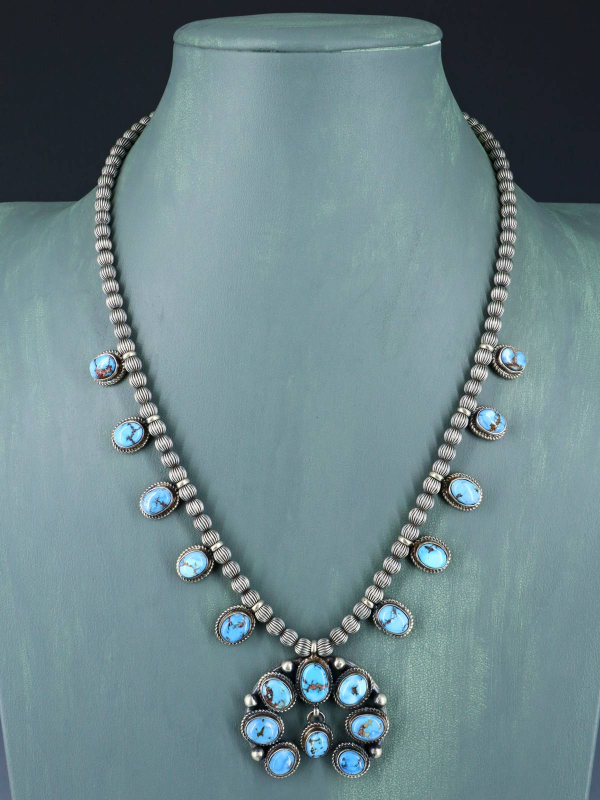 Navajo Golden Hill Turquoise Sterling Silver Petite Squash Blossom Necklace Set - PuebloDirect.com