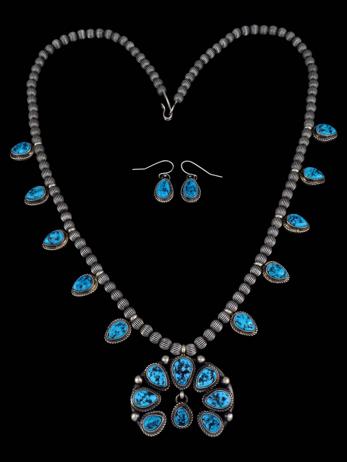 Navajo Kingman Turquoise Sterling Silver Petite Squash Blossom Necklace Set - PuebloDirect.com