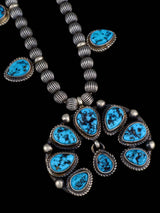 Navajo Kingman Turquoise Sterling Silver Petite Squash Blossom Necklace Set - PuebloDirect.com