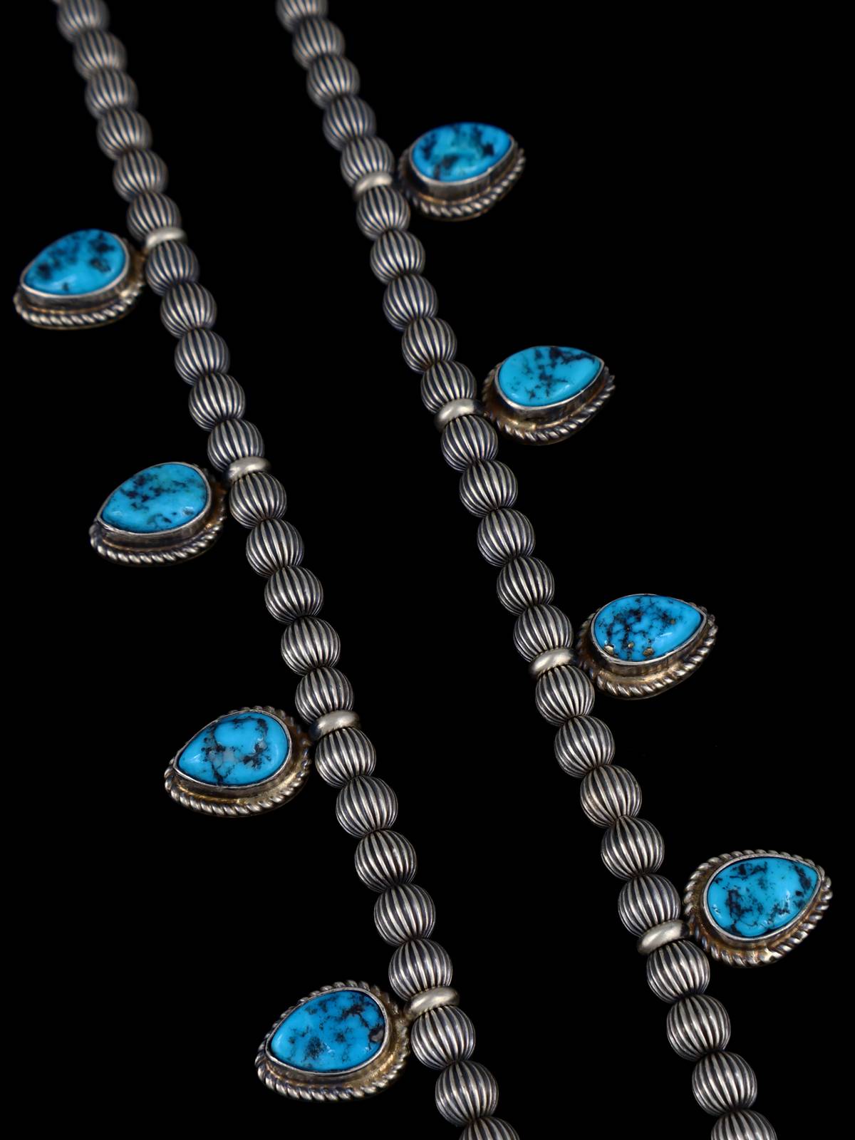 Navajo Kingman Turquoise Sterling Silver Petite Squash Blossom Necklace Set - PuebloDirect.com