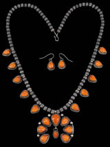 Navajo Spiny Oyster Sterling Silver Petite Squash Blossom Necklace Set - PuebloDirect.com