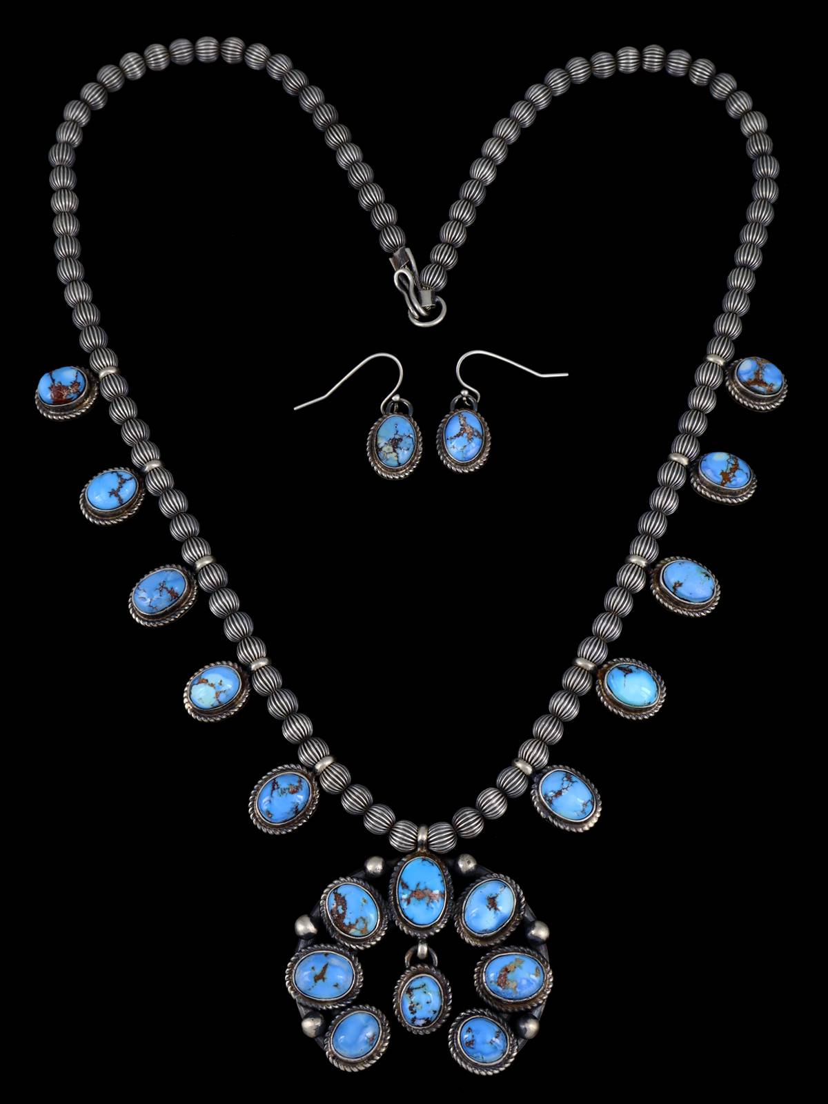Navajo Golden Hill Turquoise Sterling Silver Petite Squash Blossom Necklace Set - PuebloDirect.com