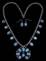 Navajo Golden Hill Turquoise Sterling Silver Petite Squash Blossom Necklace Set - PuebloDirect.com