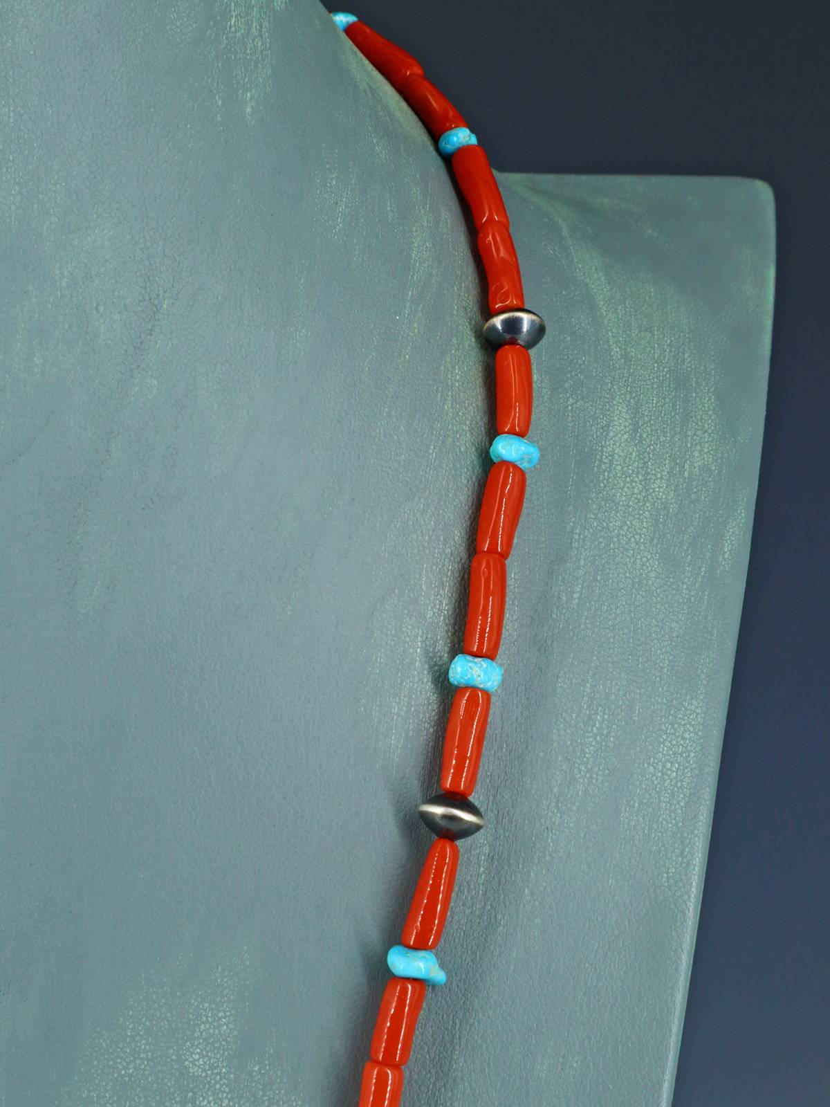 Navajo Natural Coral and Turquoise Single Strand Necklace - PuebloDirect.com
