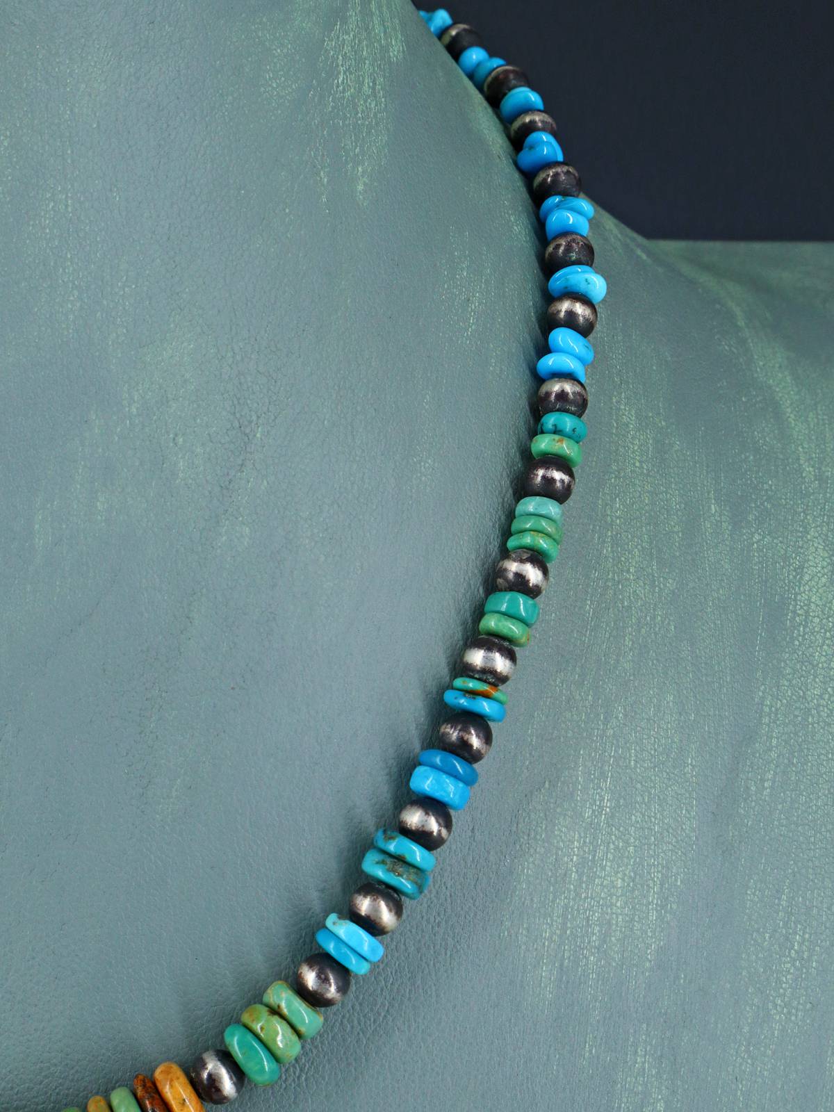 Navajo Blue and Green Turquoise Beaded Single Strand Choker Necklace - PuebloDirect.com
