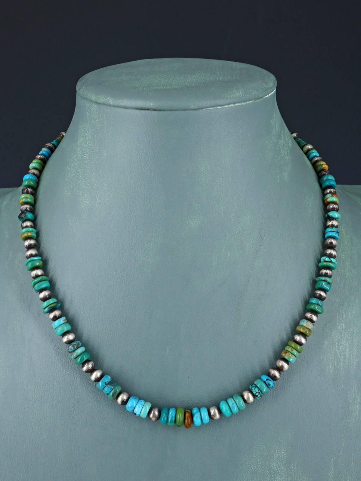 Navajo Blue and Green Turquoise Beaded Single Strand Choker Necklace - PuebloDirect.com