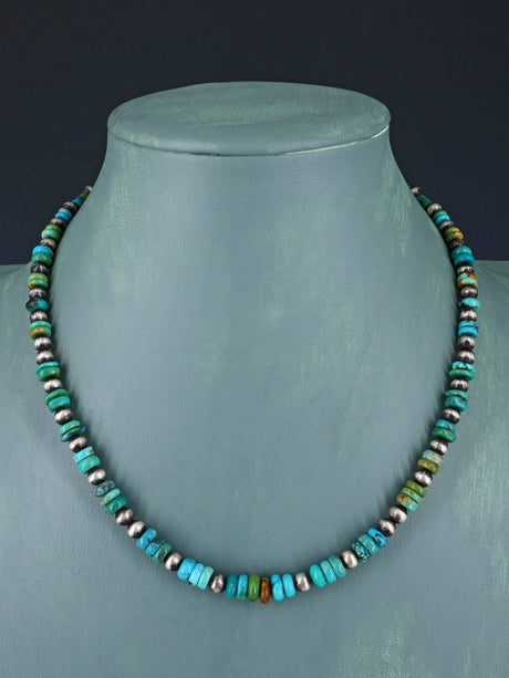 Navajo Blue and Green Turquoise Beaded Single Strand Choker Necklace - PuebloDirect.com
