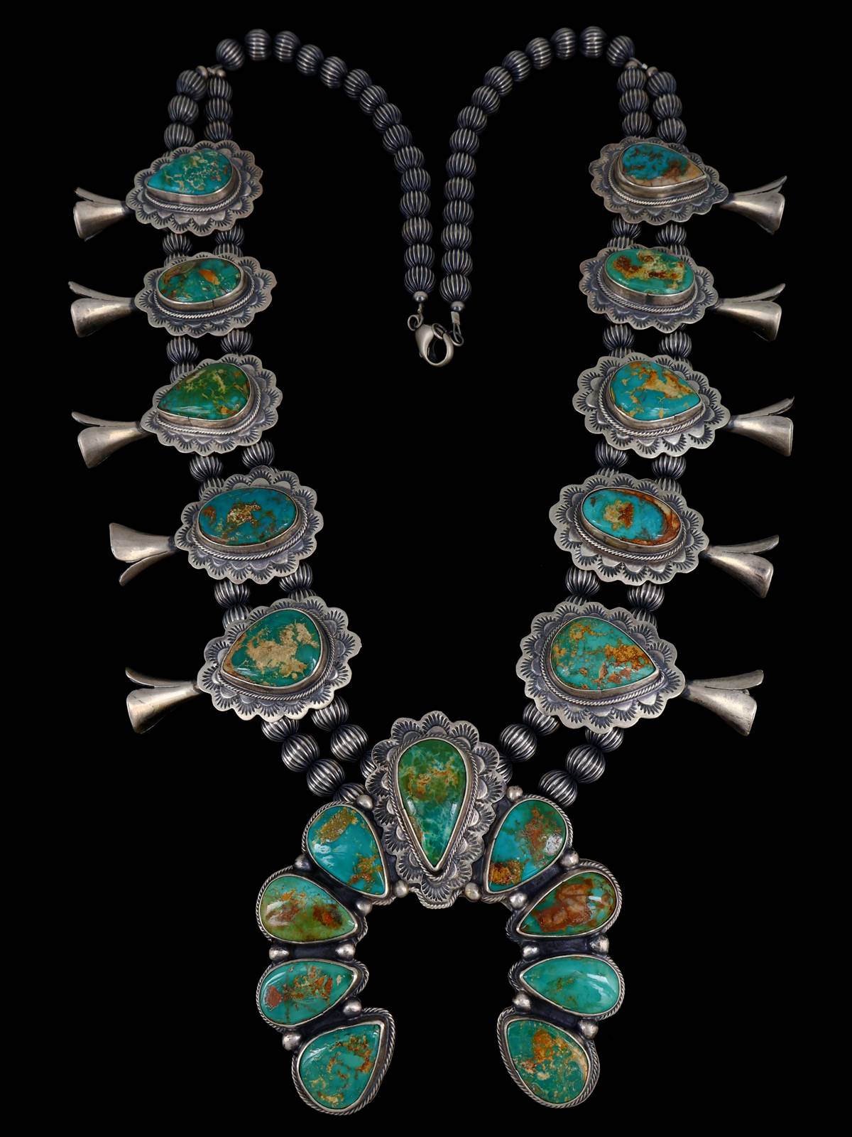 Navajo Natural Royston Turquoise Squash Blossom Necklace - PuebloDirect.com