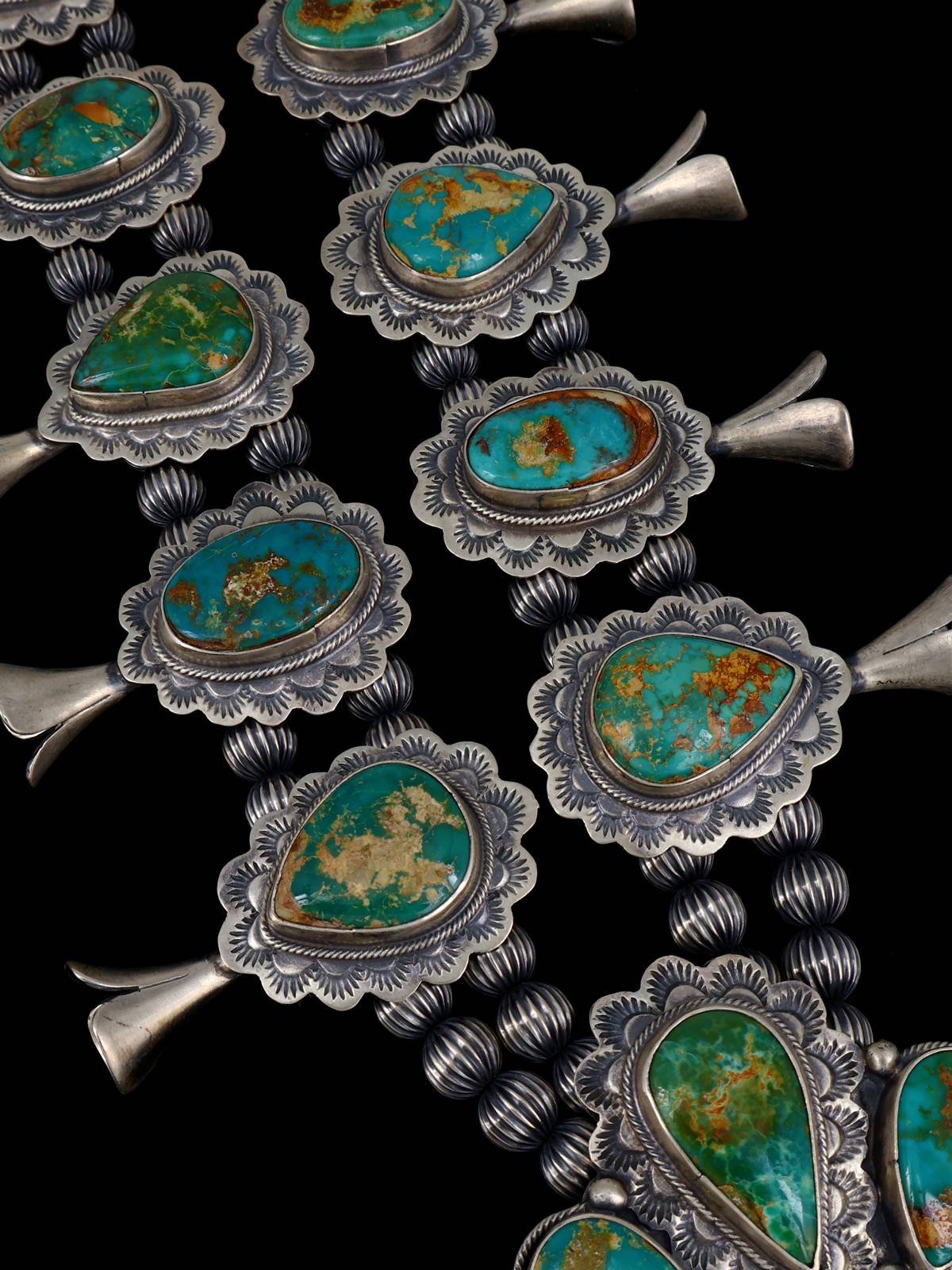 Navajo Natural Royston Turquoise Squash Blossom Necklace - PuebloDirect.com